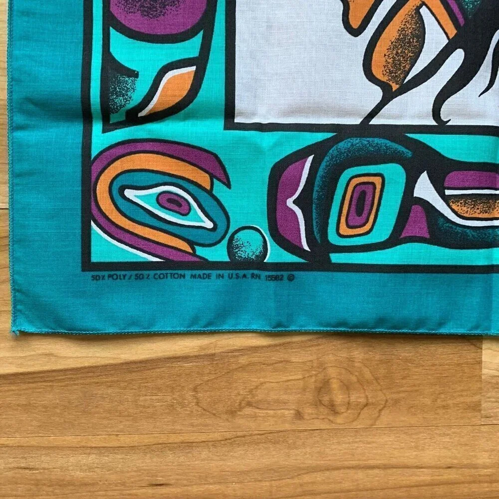 Vintage Aztec Southwestern Cotton Poly Turquoise Handkerchief Bandana USA 21”